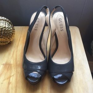 Guess Grey Eliana Patent Leather Platform Peep Toe